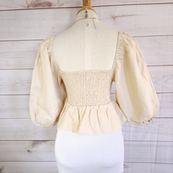 Faithfull the Brand Smocked Linen Crop Top with Peplum Hem in Sand Size 8 - Picture 6 of 12